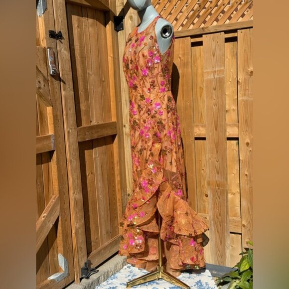 🆕 BRONX & BANCO🧿 NWOT Sicilia Coral Sequin Fluted Hem Maxi Dress, Sz L US 8 - Picture 6 of 14